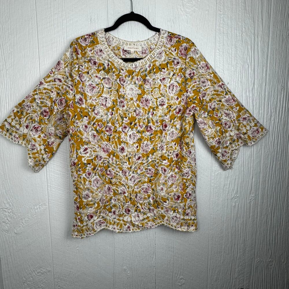 Solitaire Boho Floral Embroidered Tunic Blouse Crew Neck 3/4 Bell Sleeve Size M - Picture 8 of 8